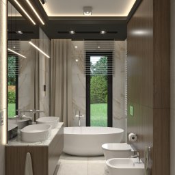 TK design Tomasz Kurpas - Wizualizacja nowoczesnej łazienki z dwoma umywalkami nablatowymi, wolnostojącą wanną, bidetem i toaletą. Duże okno z widokiem na zieleń, marmurowe ściany i drewniane szafki tworzą elegancką...