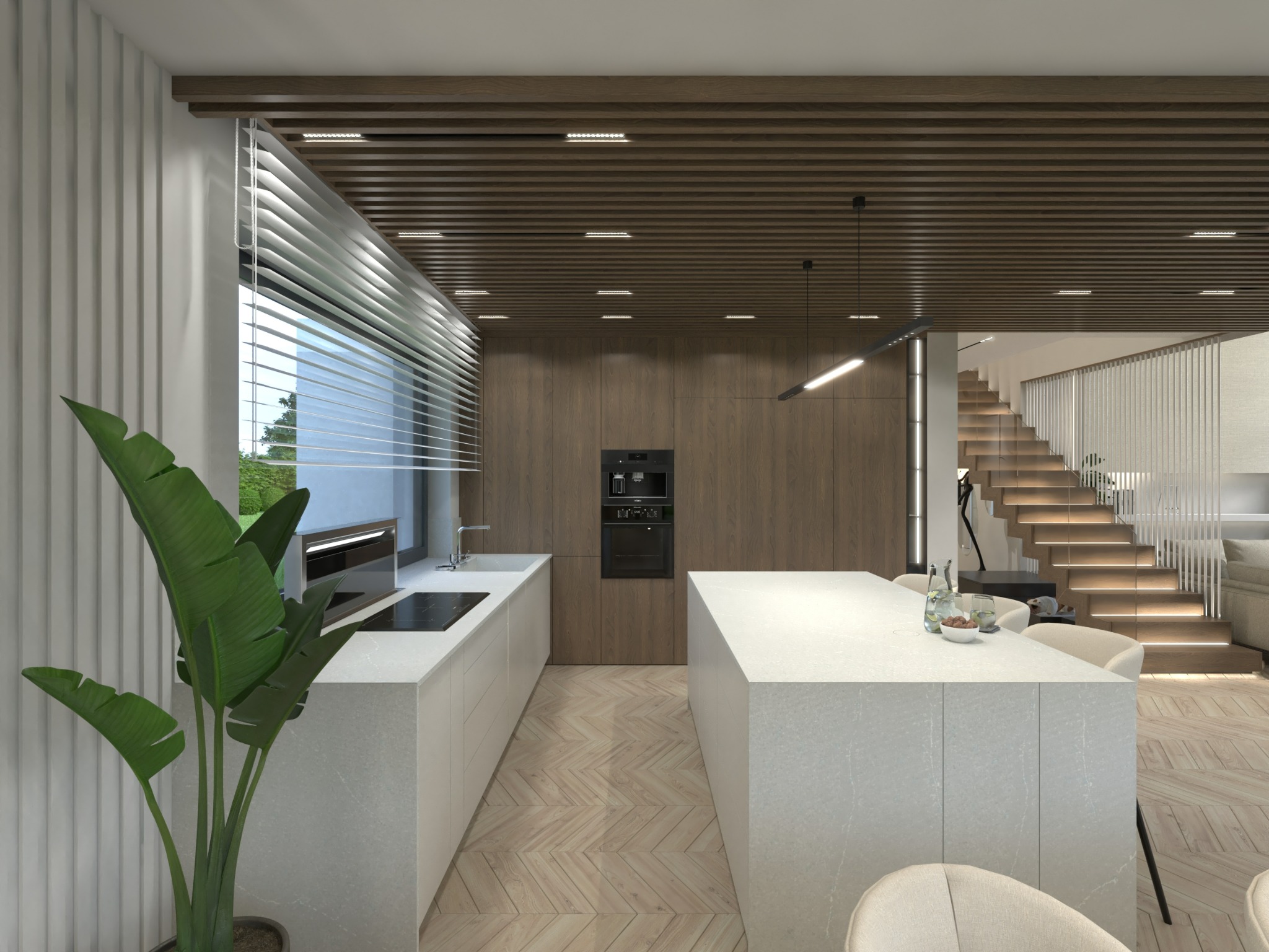 Nowoczesna kuchnia z wyspą i drewnianą zabudową, widok na schody z podświetleniem i dekoracyjną roślinę w rogu.