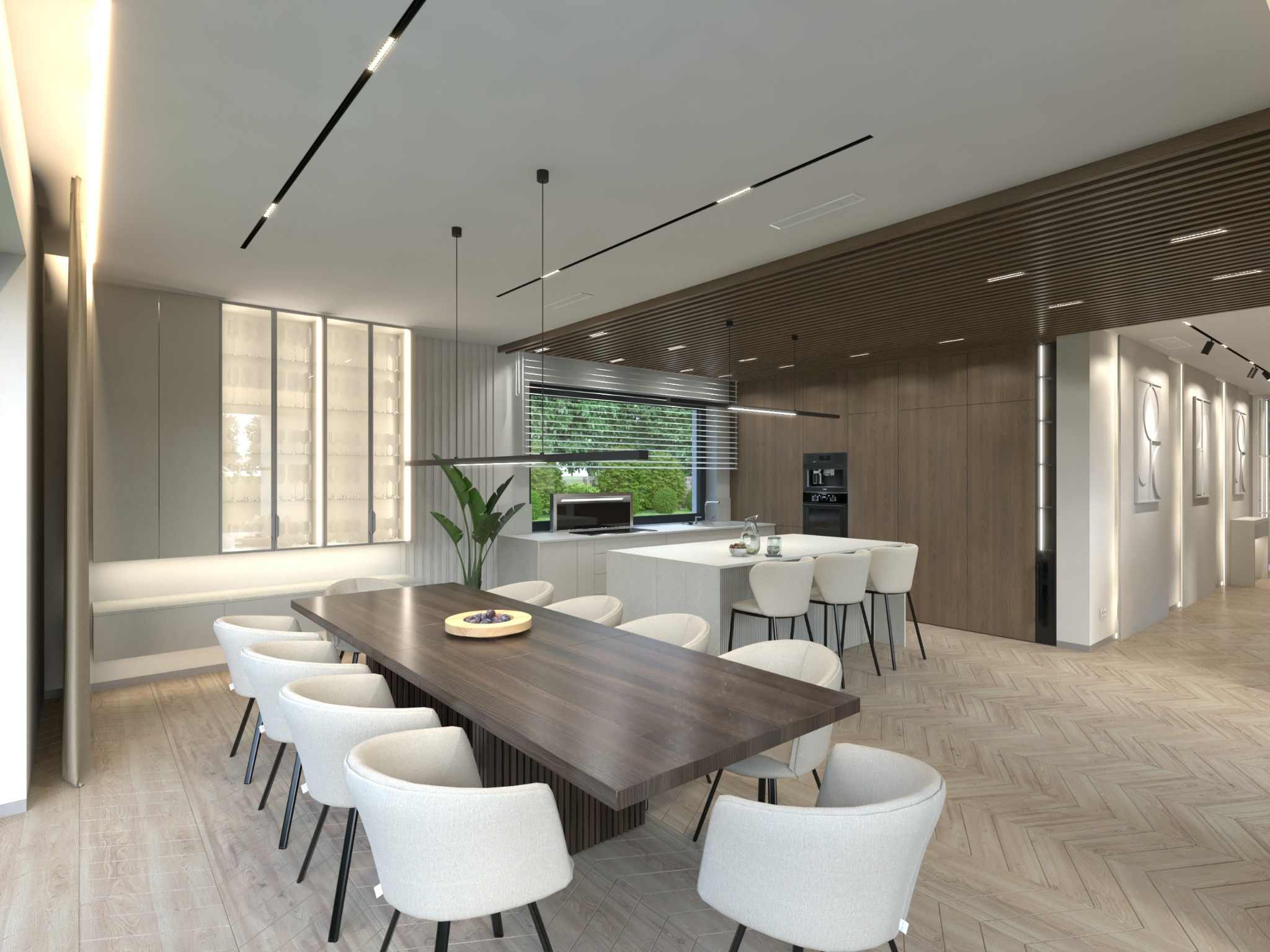 Przestronne wnętrze jadalni z długim, ciemnym stołem otoczonym białymi krzesłami, widok na nowoczesną kuchnię z wyspą i drewnianymi szafkami, parkiet w jodełkę, oświetlenie punktowe i dekoracyjne...