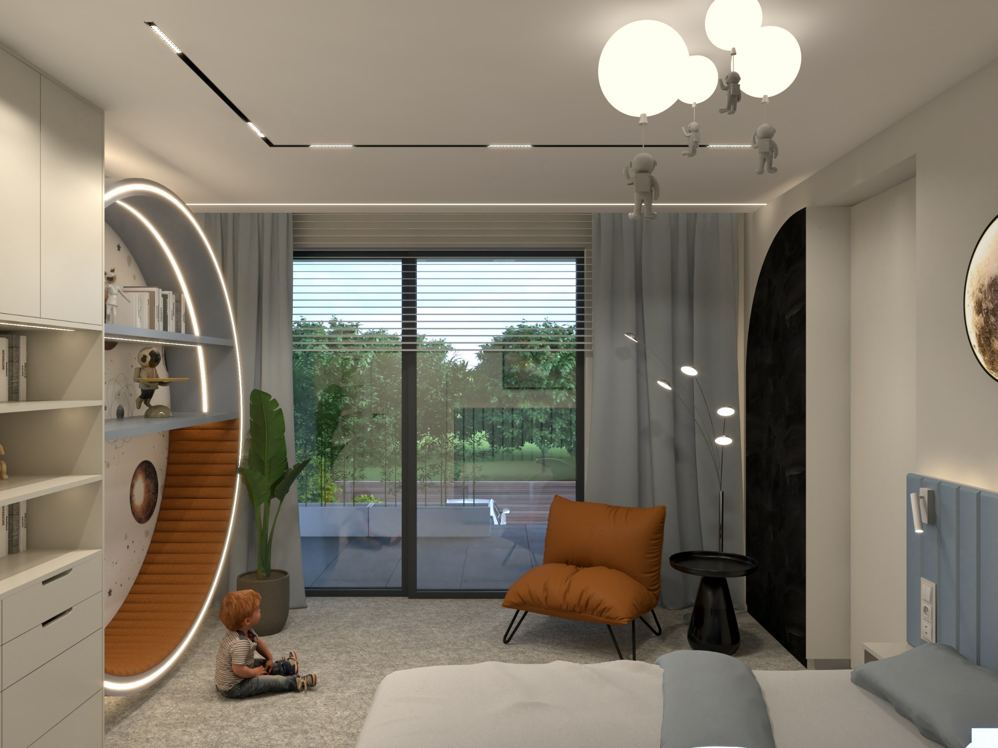 Pokój dziecięcy z łóżkiem, fotelem, regałem w kształcie rakiety z oświetleniem LED, oraz lampą sufitową z figurkami astronautów.