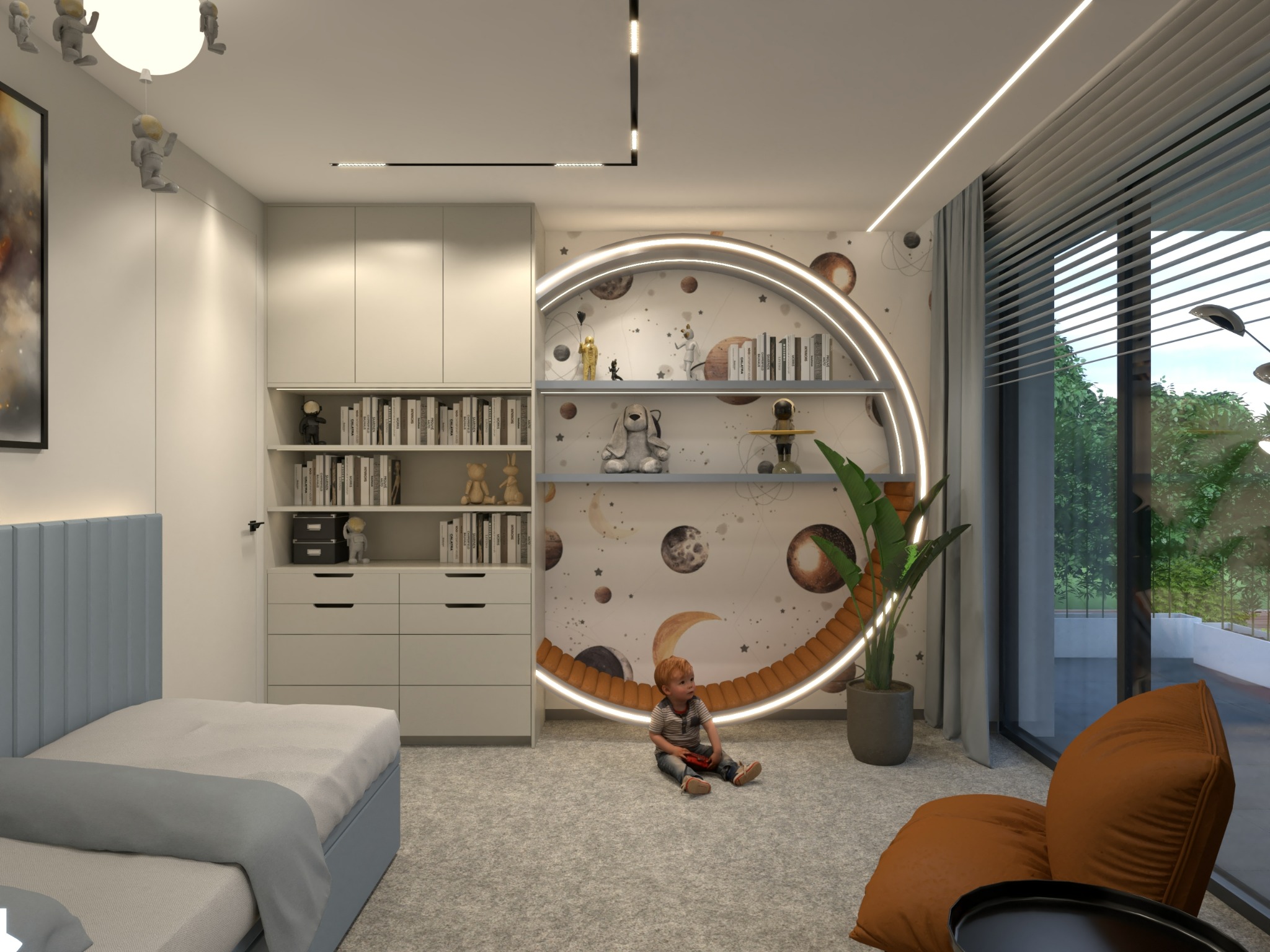 Pokój dziecięcy z łóżkiem z niebieskim zagłówkiem, białą szafą z półkami na książki, okrągłym regałem z motywem kosmosu i siedzącym na podłodze dzieckiem.