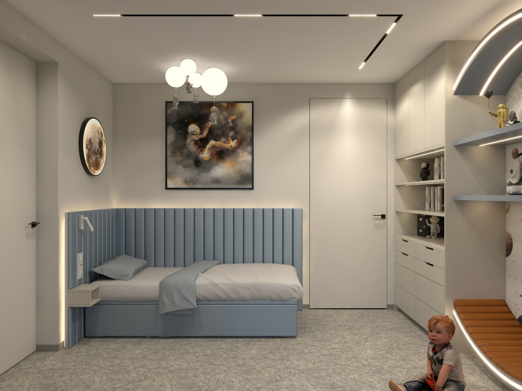 Pokój dziecięcy z łóżkiem z wezgłowiem w kolorze błękitnym, szafą wnękową z półkami i oświetleniem LED, obrazem z motywem kosmicznym oraz małym chłopcem siedzącym na podłodze.