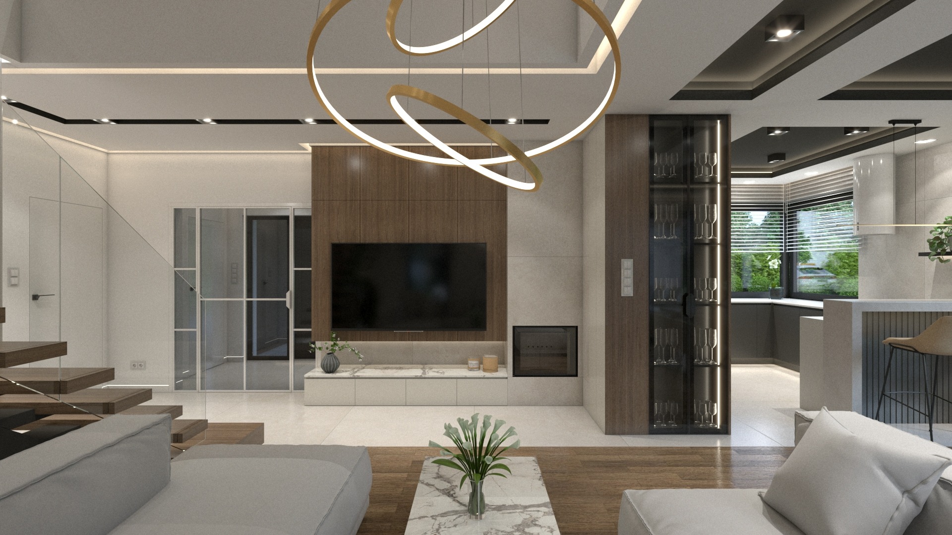 Nowoczesne wnętrze salonu z otwartą kuchnią, dominują odcienie szarości i brązu, z designerską lampą w kształcie pierścieni i szklaną witryną na wino.