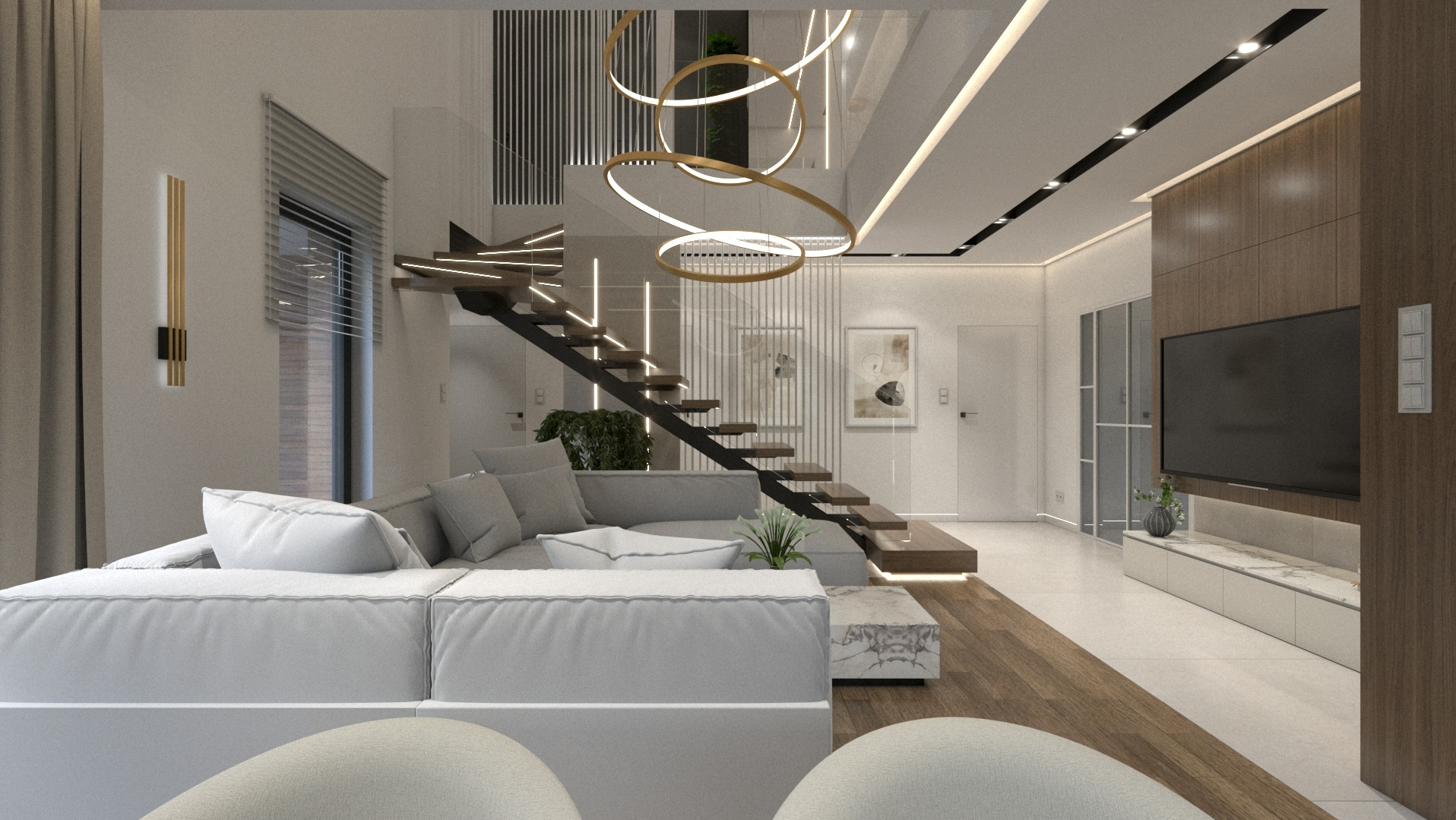 Nowoczesny salon z białą sofą modułową, drewnianymi schodami bez poręczy i okrągłymi lampami wiszącymi, uzupełniony drewnianą ścianą z telewizorem.