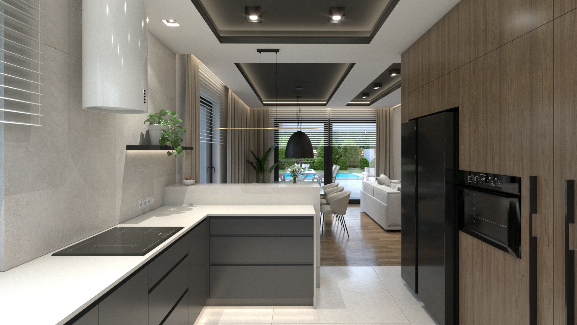 Wnętrze nowoczesnej kuchni z widokiem na taras z basenem, zabudowa kuchenna w odcieniach szarości i drewna, czarne sprzęty AGD, oświetlenie punktowe.