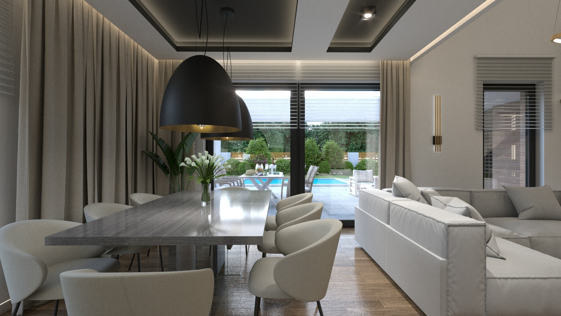 Nowoczesne wnętrze salonu z jadalnią, z dużym oknem na ogród z basenem, szary stół z kwiatami, kremowe krzesła i biała sofa.
