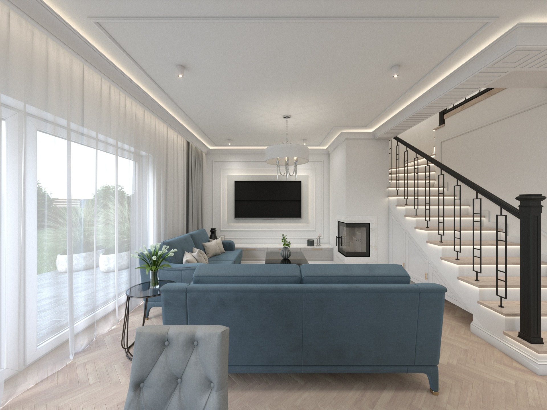 Jasne wnętrze salonu z niebieską sofą modułową, schodami z podświetleniem LED, dużym oknem z zasłonami i minimalistycznym kominkiem.