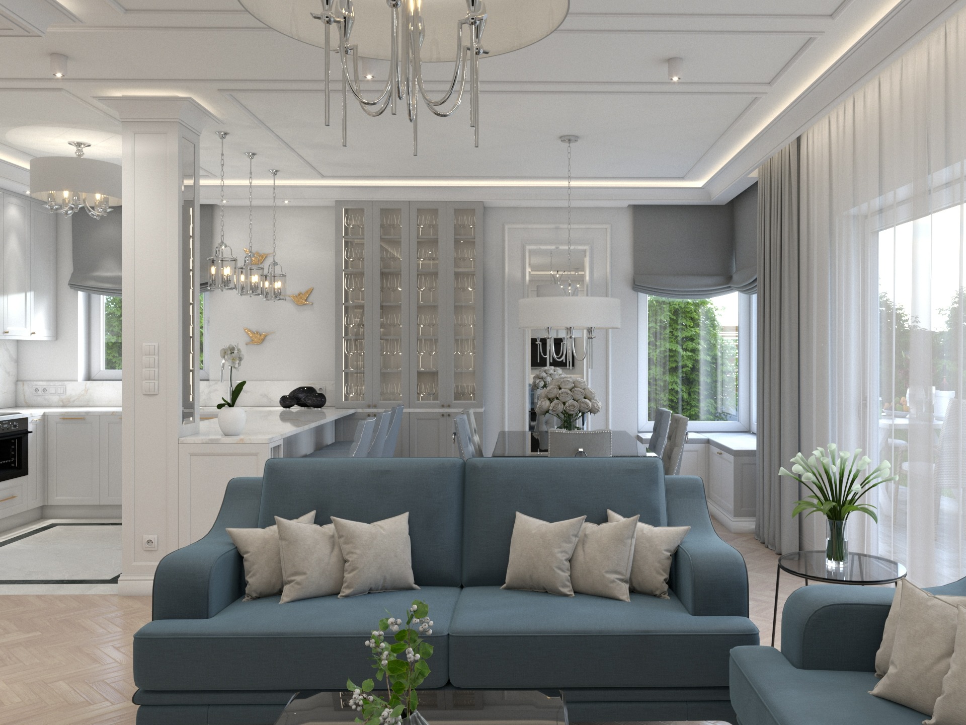 Eleganckie wnętrze mieszkania w odcieniach szarości i błękitu z nowoczesnym oświetleniem, wygodną sofą z poduszkami i widokiem na kuchnię z wyspą.