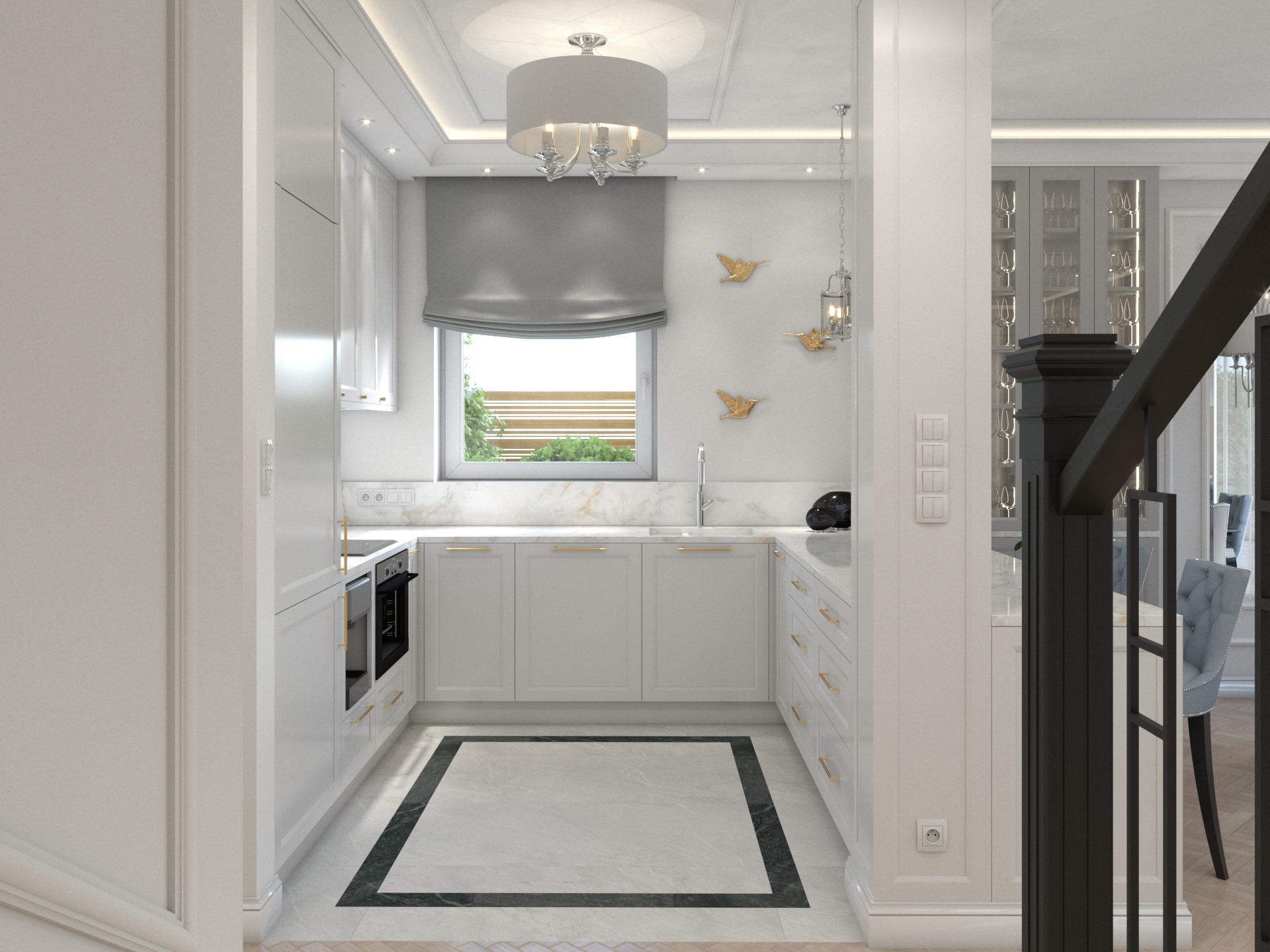 Wnętrze kuchni w stylu klasycznym: białe szafki z złotymi uchwytami, marmurowy blat, okno z żaluzją rzymską, dekoracje ścienne w kształcie złotych ptaków, widok na jadalnię przez filar...