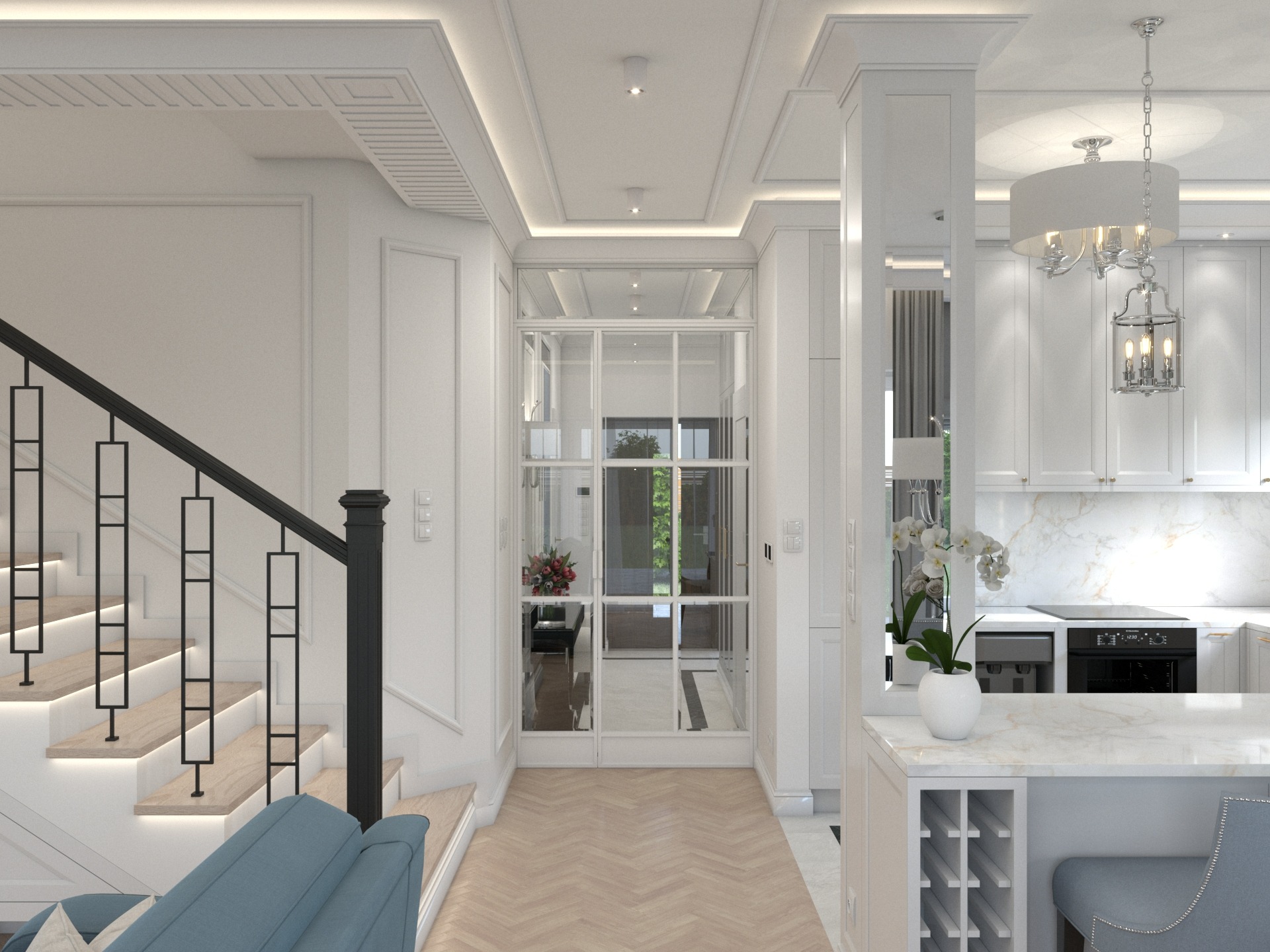 Jasne, przestronne wnętrze domu z białymi ścianami, drewnianą podłogą w jodełkę, schodami z czarną balustradą, przeszklonymi drzwiami i widoczną kuchnią z marmurowym blatem.