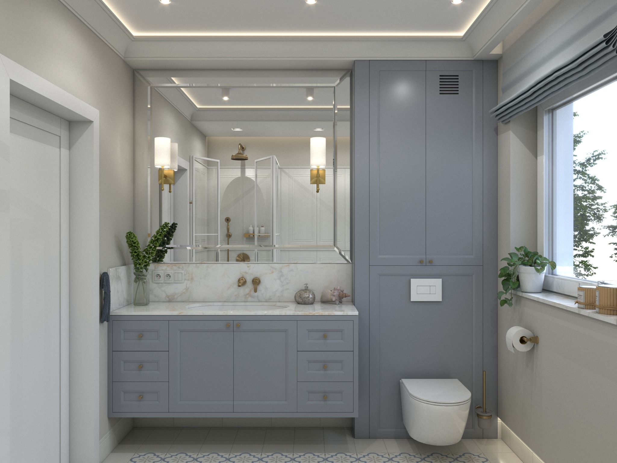 Szara łazienka z szafką pod umywalką z marmurowym blatem, dużym lustrem i wysoką szafą w zabudowie, widok na kabinę prysznicową w lustrze.