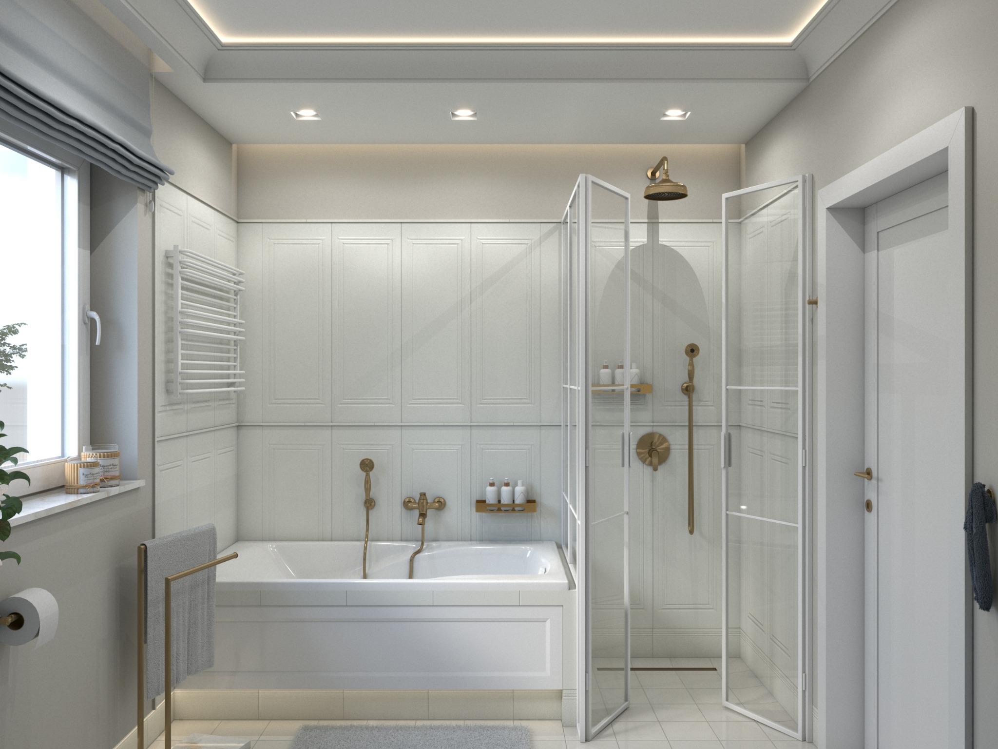 Elegancka, jasna łazienka z wanną, przeszkloną kabiną prysznicową z elementami w kolorze złota, grzejnikiem drabinkowym i roletą w oknie.