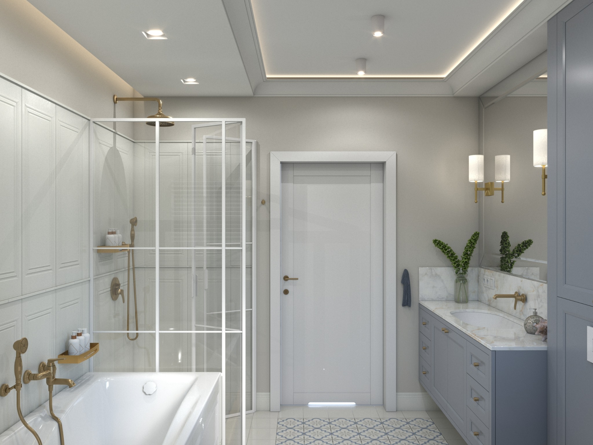 Wizualizacja łazienki w jasnych barwach z wanną za szklaną kabiną prysznicową, szarą szafką z umywalką i lustrem, oraz wzorzystą podłogą.