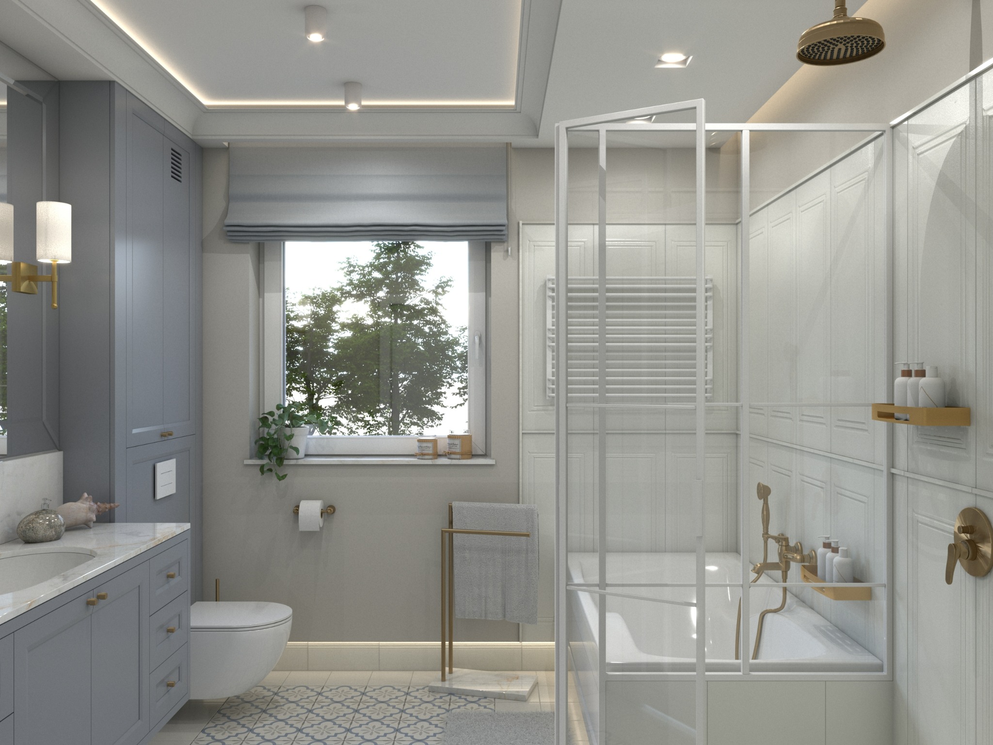 Elegancka łazienka w odcieniach szarości i bieli z akcentami złotych detali, widok na wannę za szklaną ścianką, umywalkę z szafkami i toaletę, okno z widokiem na zieleń.