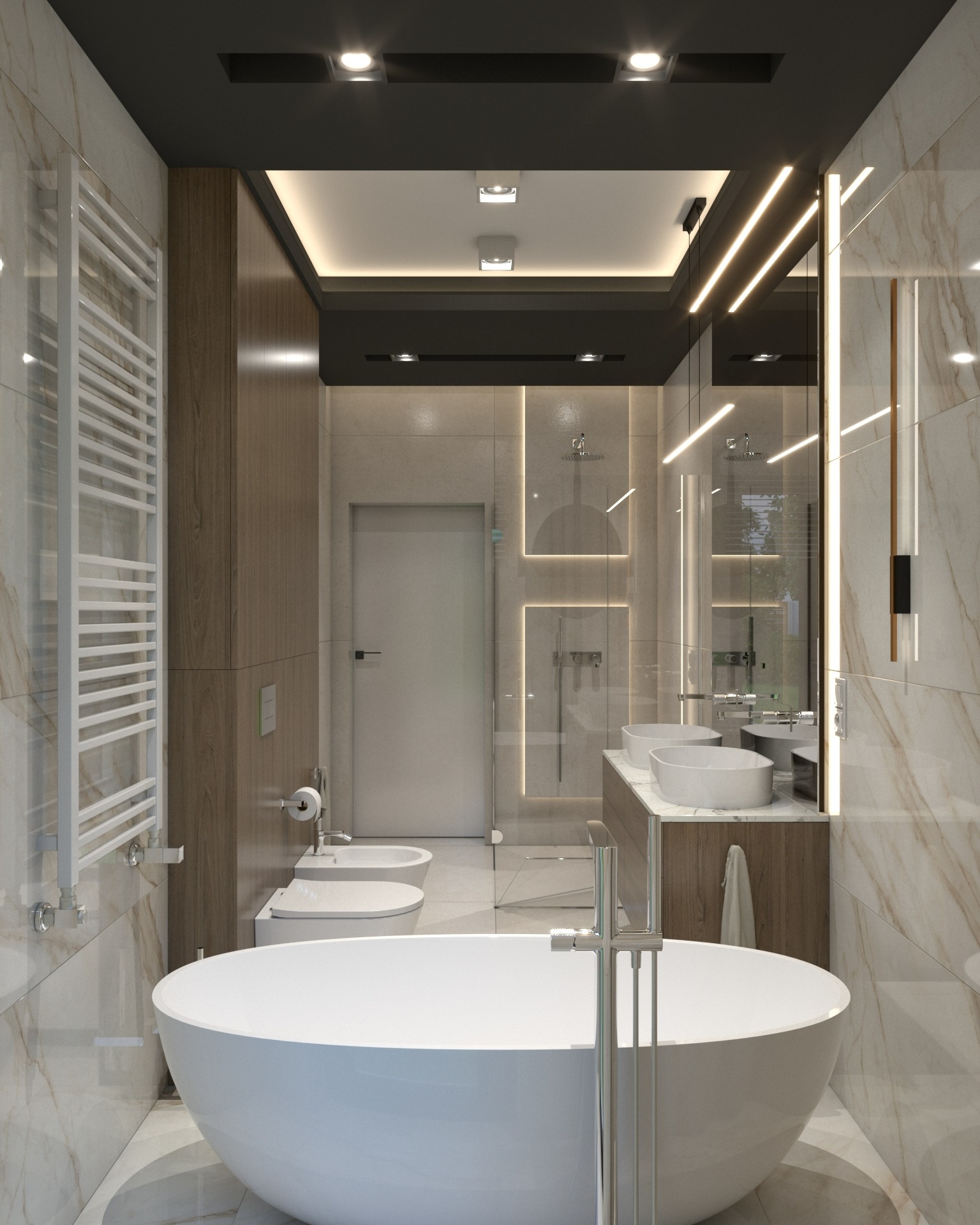Nowoczesna łazienka z wolnostojącą wanną, marmurowymi płytkami, podwójną umywalką i oświetleniem LED w lustrze.