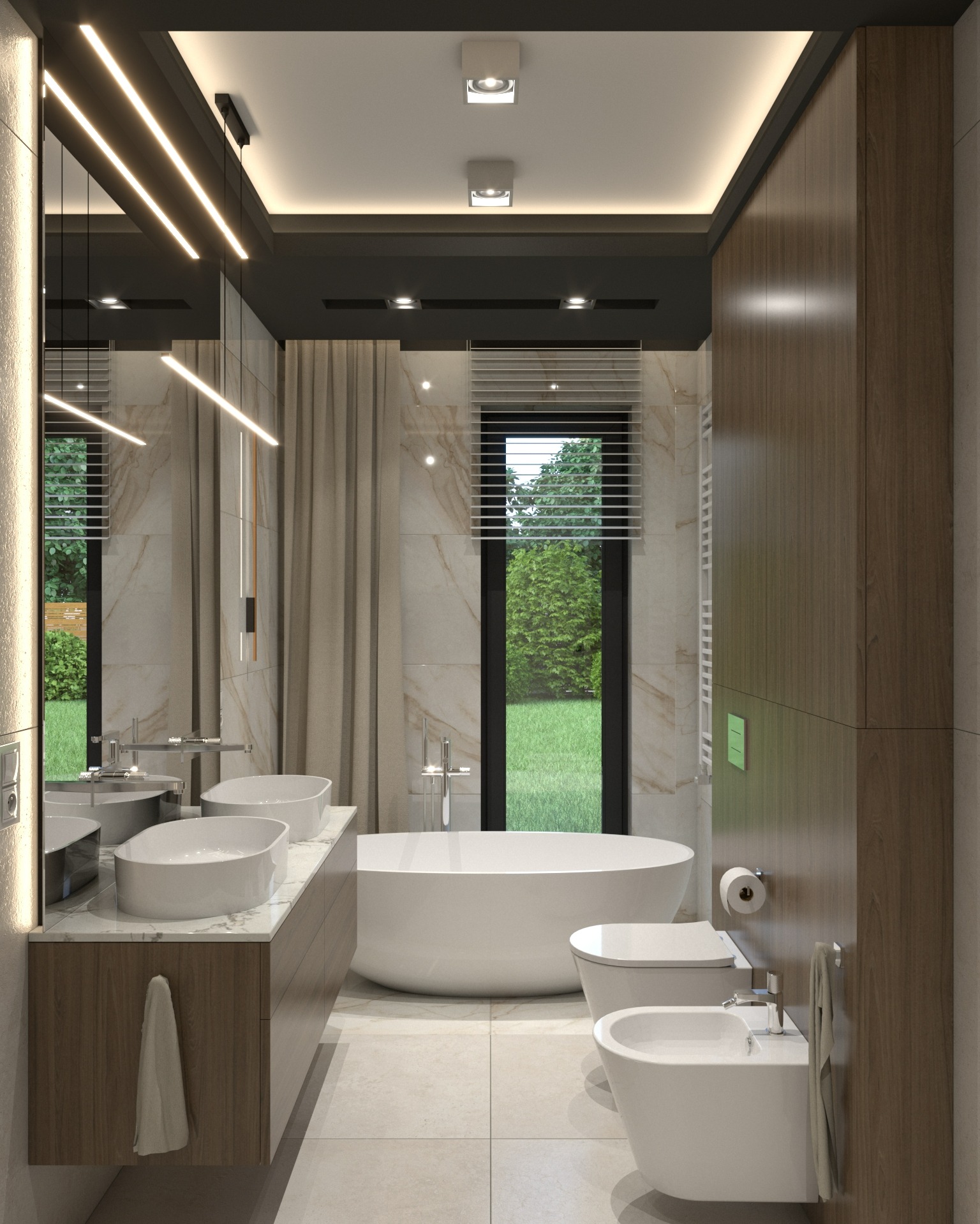 Wizualizacja nowoczesnej łazienki z dwoma umywalkami nablatowymi, wolnostojącą wanną, bidetem i toaletą. Duże okno z widokiem na zieleń, marmurowe ściany i drewniane szafki tworzą elegancką...