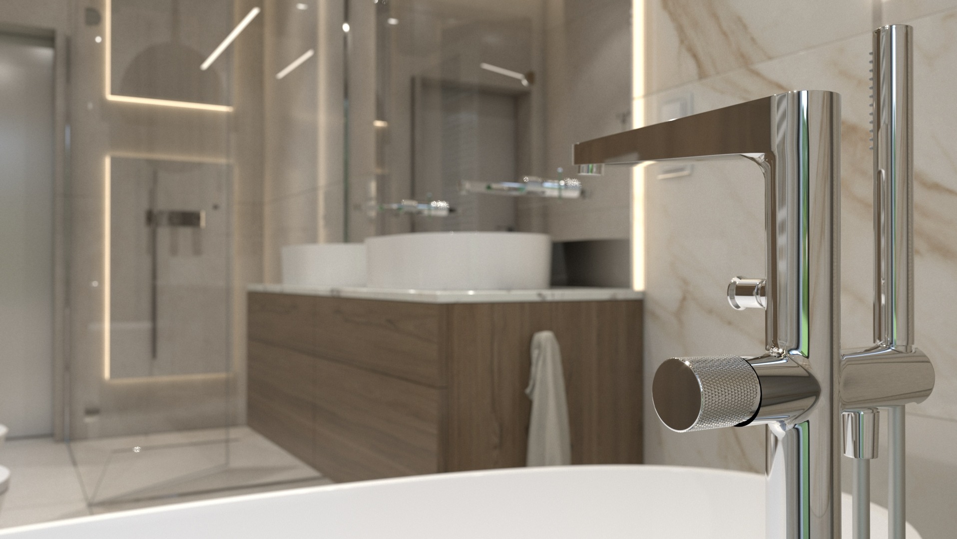 Nowoczesna łazienka z marmurowymi ścianami, podwójną umywalką nablatową na drewnianej szafce i chromowaną armaturą. W tle kabina prysznicowa z oświetleniem LED.