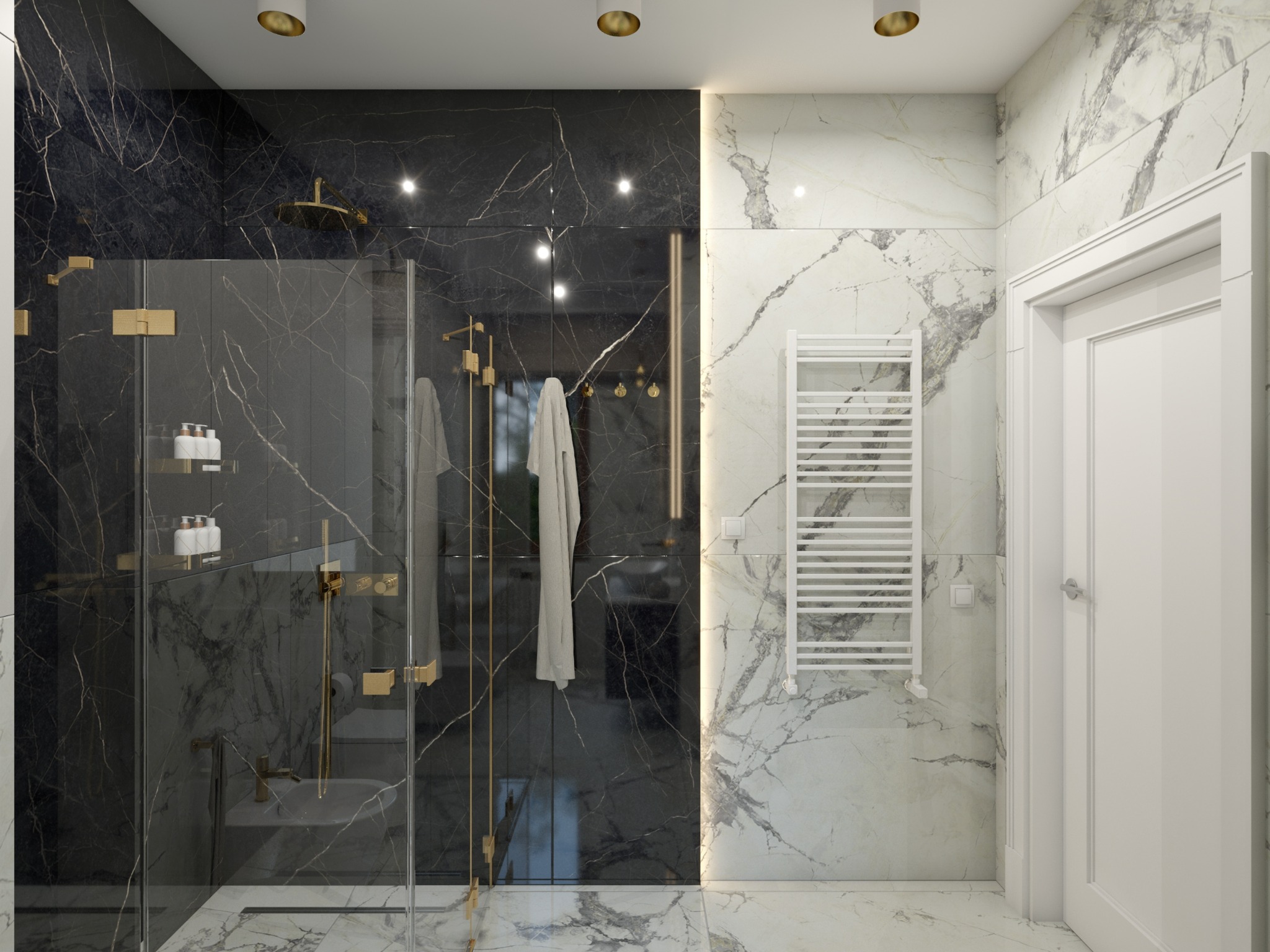 Elegancka łazienka z kabiną prysznicową typu walk-in, wykończona czarnym i białym marmurem z złotymi akcentami, widoczny grzejnik drabinkowy i białe drzwi.