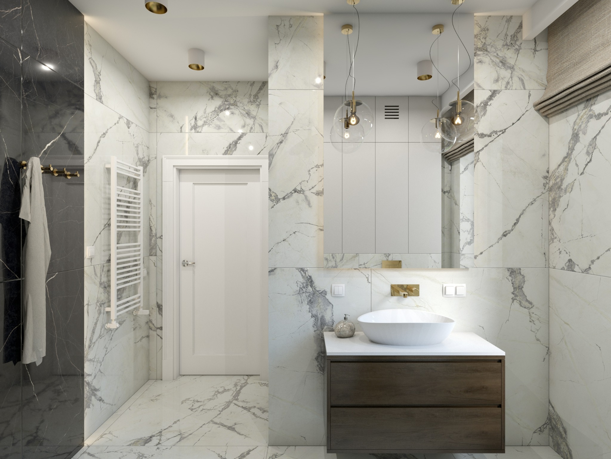 Elegancka łazienka z marmurowymi płytkami, wiszącą szafką z umywalką nablatową, złotymi lampami wiszącymi i grzejnikiem drabinkowym.