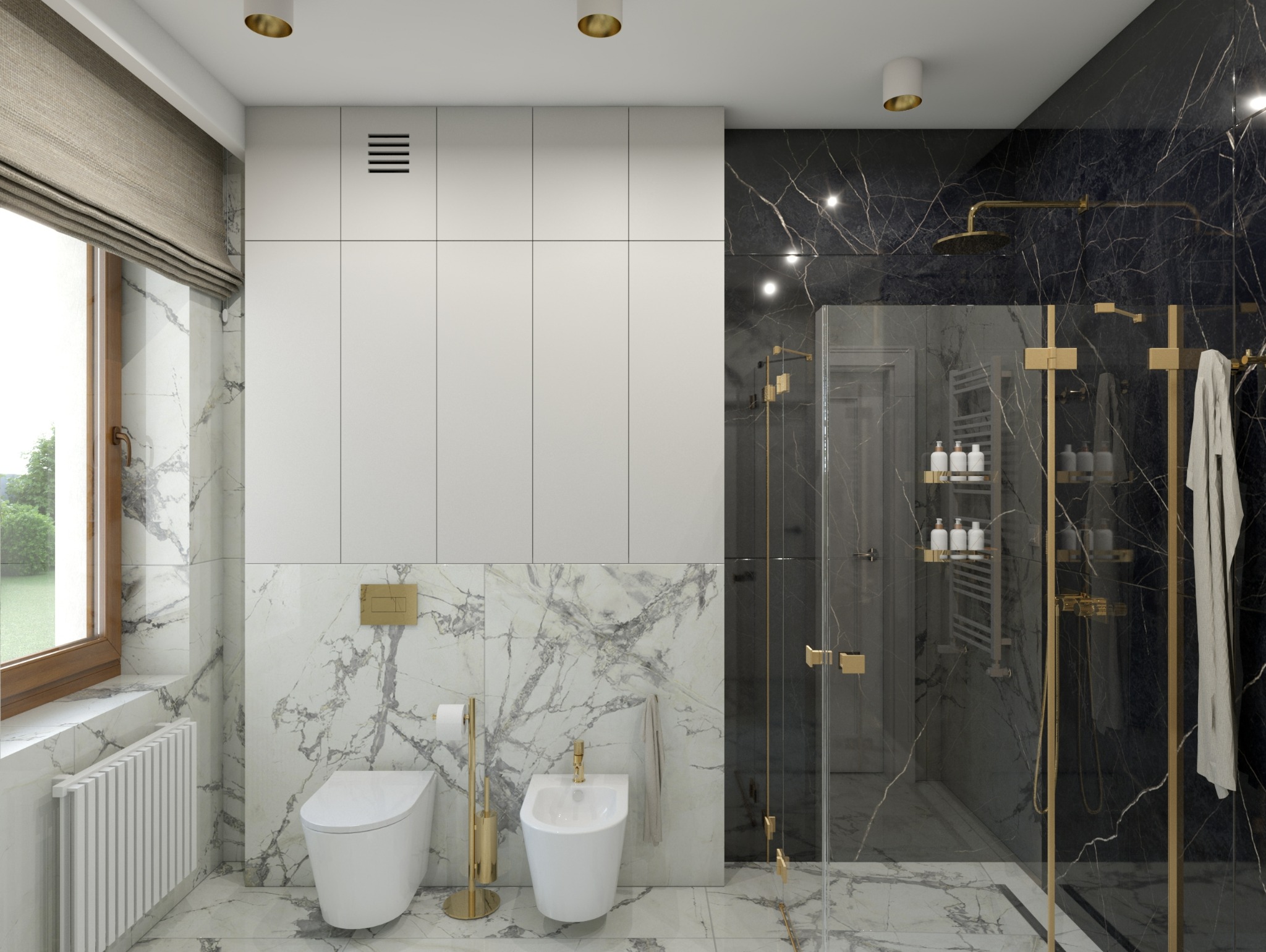 Elegancka łazienka z marmurowymi płytkami, złotymi akcentami i kabiną prysznicową typu walk-in, oświetlona punktowymi lampami sufitowymi.