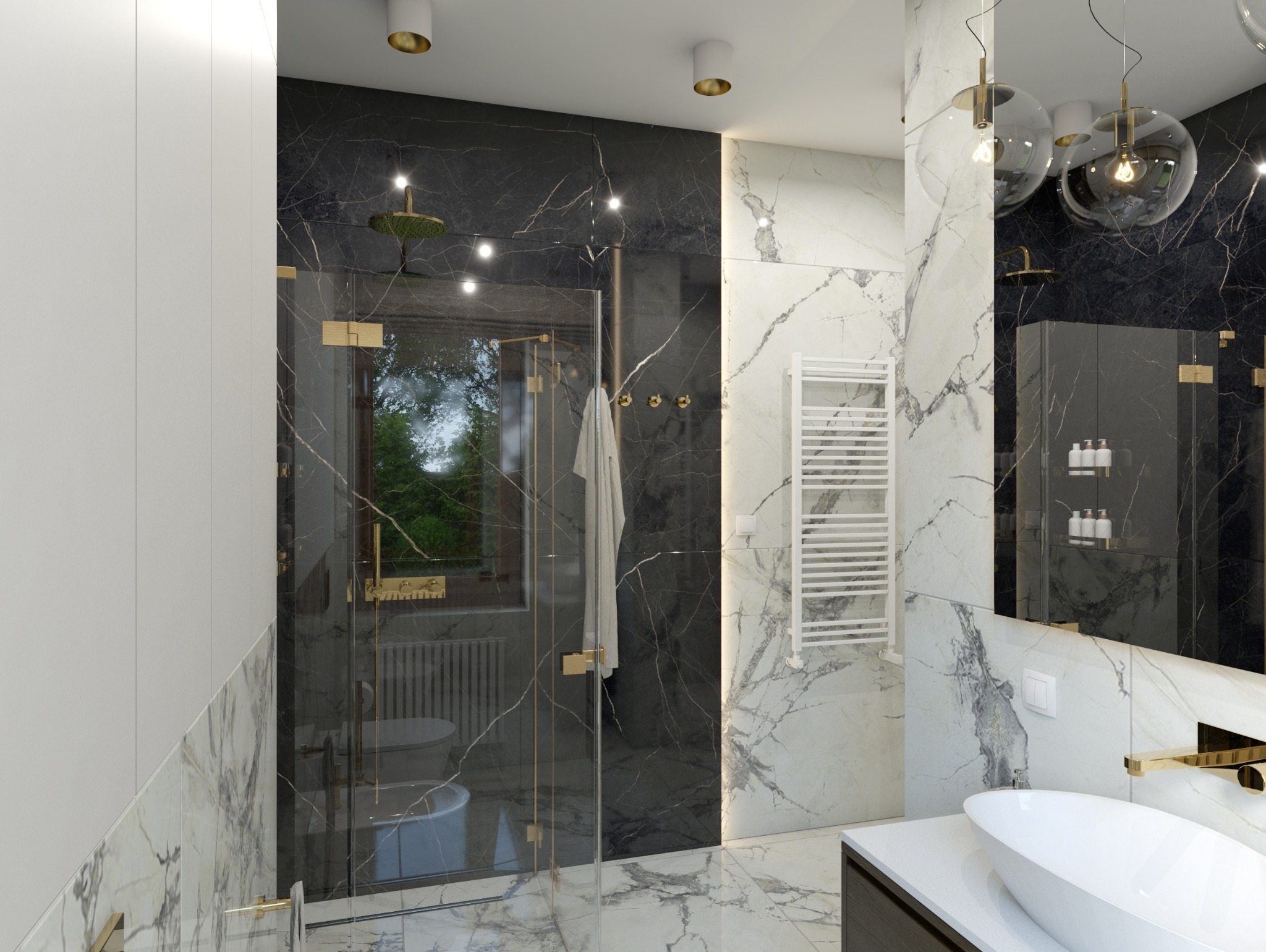 Elegancka łazienka z kabiną prysznicową ze złotymi detalami, marmurowymi płytkami w odcieniach bieli i czerni, oraz nowoczesną umywalką nablatową.