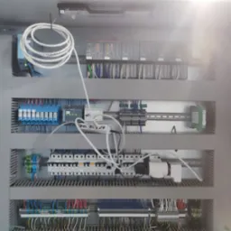 Wnętrze szafy sterowniczej z modułami PLC, przekaźnikami, zasilaczami i okablowaniem, widok z góry, oświetlenie sufitowe.