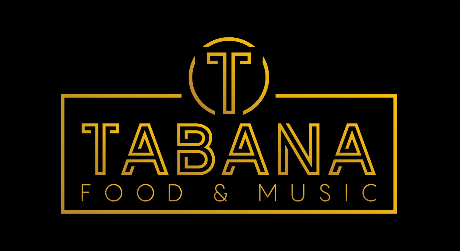 Złote logo Tabana Food & Music na czarnym tle, z stylizowaną literą 'T' w okręgu nad nazwą firmy umieszczoną w prostokącie.