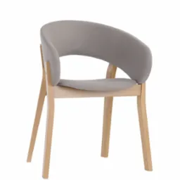 Krzesło tapicerowane w odcieniach szarości z drewnianymi nogami na białym tle, minimalistyczny design.