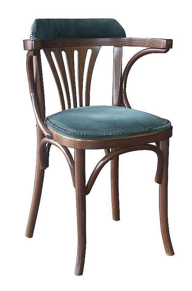 Krzesło z ciemnego drewna z zielonym tapicerowanym siedziskiem i oparciem, widoczne ozdobne przeszycia.