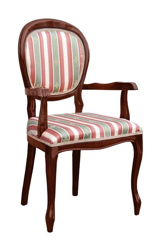 Klasyczne krzesło tapicerowane z drewnianą ramą w odcieniu wiśni, obite tkaniną w pionowe pasy w kolorach kremowym, zielonym i czerwonym, z motywem kwiatowym.