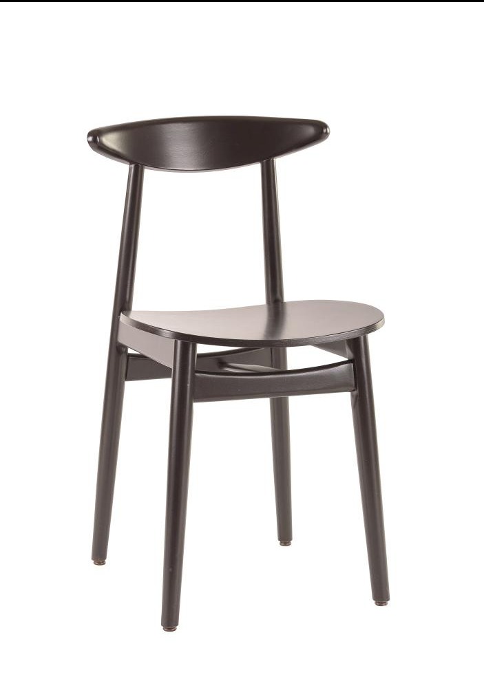 Krzesło drewniane w kolorze ciemnego brązu z zaokrąglonym oparciem i siedziskiem, minimalistyczny design, prezentowane na białym tle.