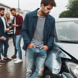 Michałowski Ubezpieczenia - Młody mężczyzna w dżinsach z dziurami i niebieskiej kurtce opiera się o uszkodzony samochód z pękniętą szybą, w tle grupa osób.