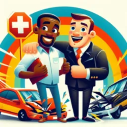 Dwóch uśmiechniętych mężczyzn daje kciuki w górę na tle tęczy i rozbitych samochodów, jeden trzyma czerwoną teczkę, obok znak drogowy z białym krzyżem.