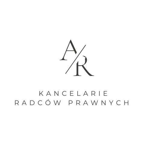 Logo Kancelarii Radców Prawnych z inicjałami AR przeciętymi ukośną linią, w minimalistycznym stylu na białym tle.