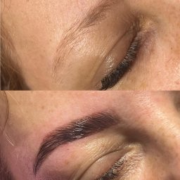 Metamorfoza Salon Urody Maków Mazowiecki Kasia Grabowska Makijaż Rzęsy Paznokcie Brwi - Zbliżenie na oko kobiety przed i po zabiegu stylizacji brwi: naturalne brwi przed zabiegiem i ciemne, błyszczące brwi po laminacji.