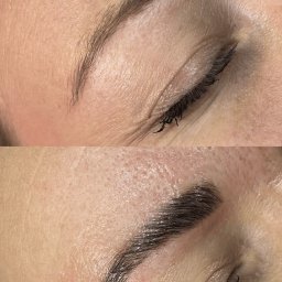 Metamorfoza Salon Urody Maków Mazowiecki Kasia Grabowska Makijaż Rzęsy Paznokcie Brwi - Zbliżenie na oko przed i po zabiegu laminacji brwi, widoczne różnice w kształcie i gęstości włosków.