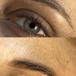 Metamorfoza Salon Urody Maków Mazowiecki Kasia Grabowska Makijaż Rzęsy Paznokcie Brwi - Zbliżenie na oko i brwi po zabiegu laminacji, widoczne błyszczące włoski oraz poprawiony kształt brwi.