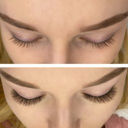 Metamorfoza Salon Urody Maków Mazowiecki Kasia Grabowska Makijaż Rzęsy Paznokcie Brwi - Zbliżenie na oczy przed i po zabiegu przedłużania rzęs, widoczne różnice w gęstości i długości rzęs, delikatny makijaż oczu.