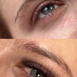 Metamorfoza Salon Urody Maków Mazowiecki Kasia Grabowska Makijaż Rzęsy Paznokcie Brwi - Zbliżenie na oko przed i po zabiegu przedłużania rzęs, widoczne różnice w gęstości i długości rzęs.