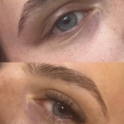 Metamorfoza Salon Urody Maków Mazowiecki Kasia Grabowska Makijaż Rzęsy Paznokcie Brwi - Zbliżenie na oko przed i po zabiegu przedłużania rzęs, widoczne różnice w gęstości i długości rzęs, naturalny makijaż brwi.