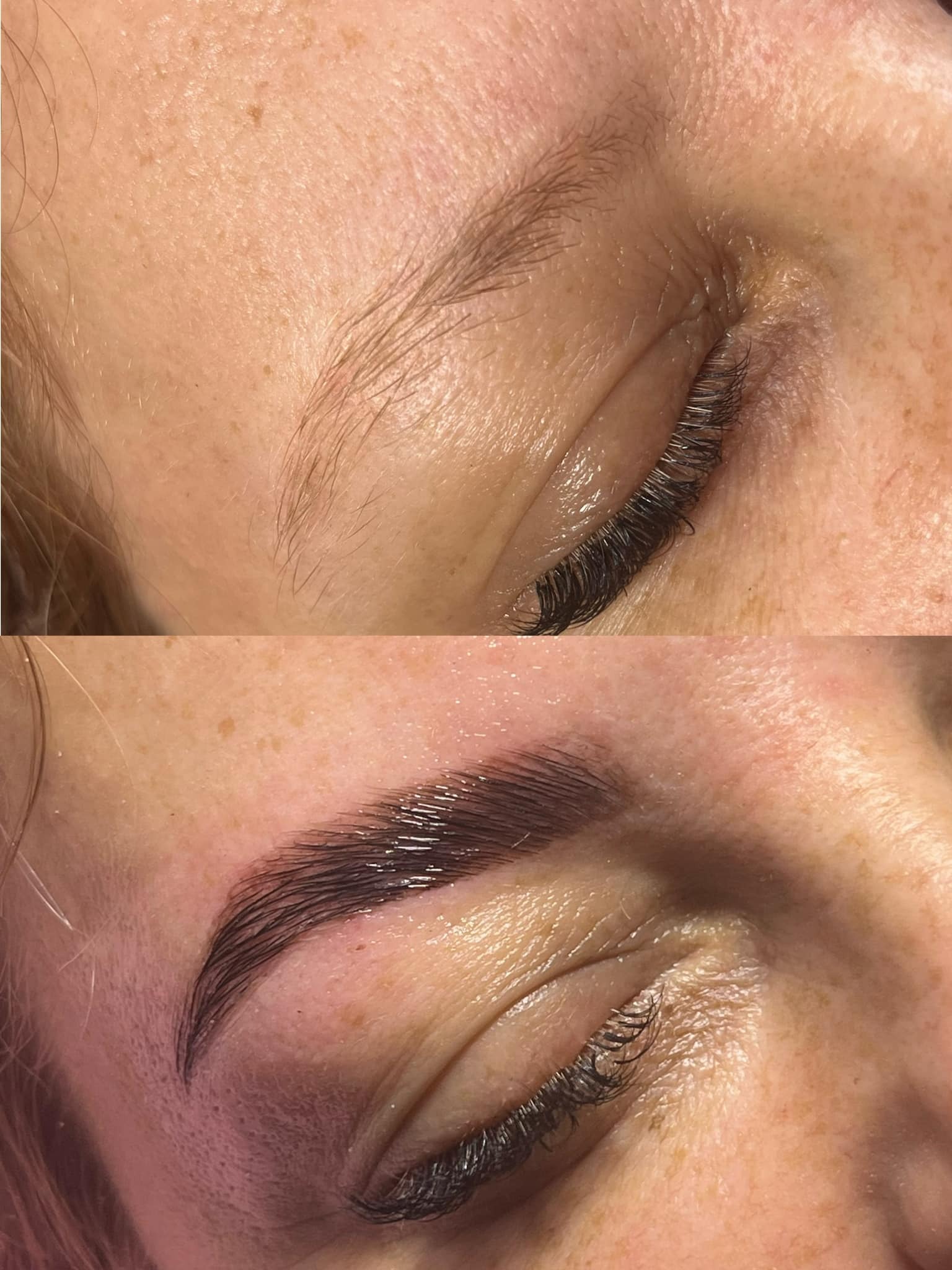 Zbliżenie na oko kobiety przed i po zabiegu stylizacji brwi: naturalne brwi przed zabiegiem i ciemne, błyszczące brwi po laminacji.