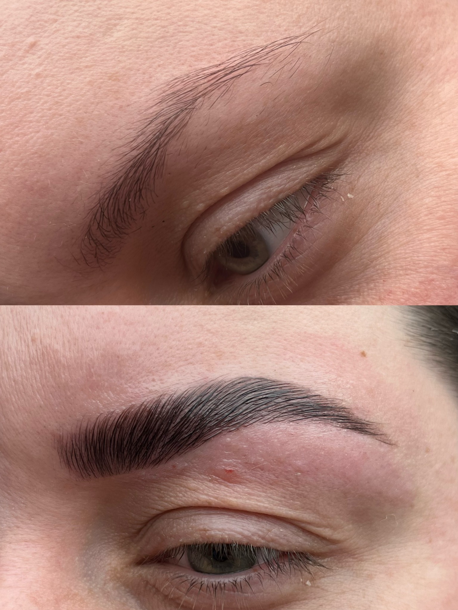 Zbliżenie na oko z brwią przed i po zabiegu laminacji, widoczne różnice w ułożeniu i wyrazistości włosków.
