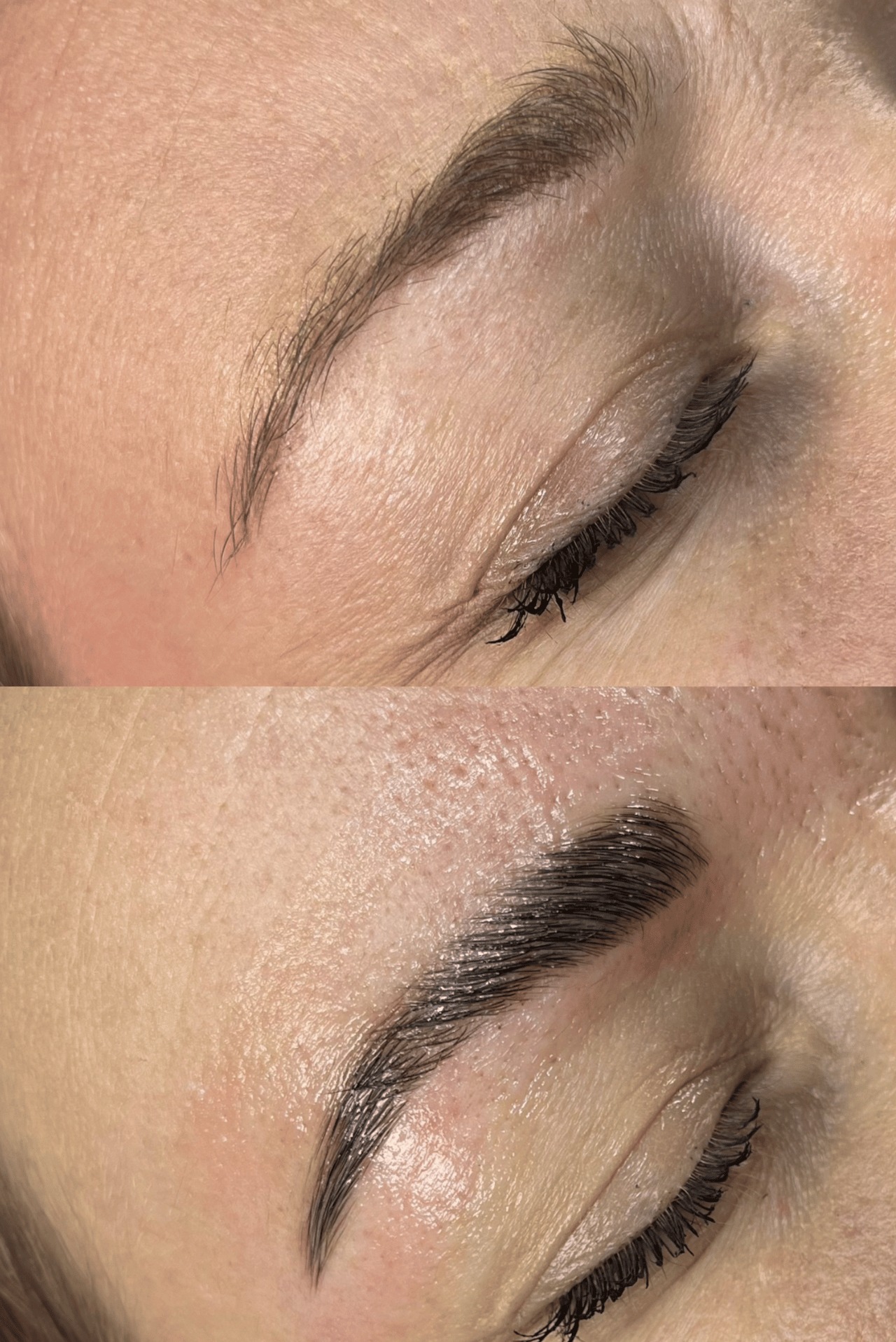 Zbliżenie na oko przed i po zabiegu laminacji brwi, widoczne różnice w kształcie i gęstości włosków.