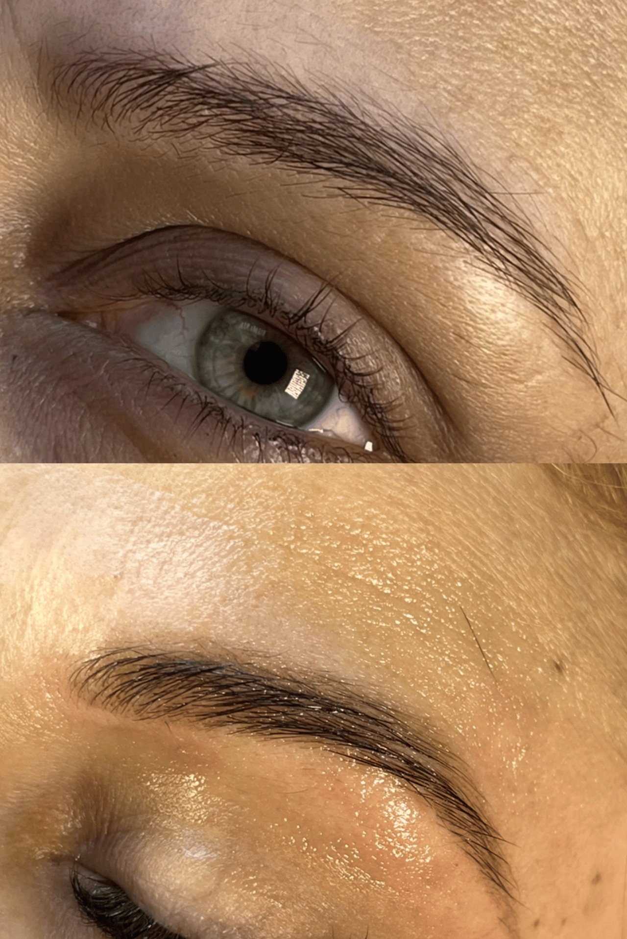 Zbliżenie na oko i brwi po zabiegu laminacji, widoczne błyszczące włoski oraz poprawiony kształt brwi.