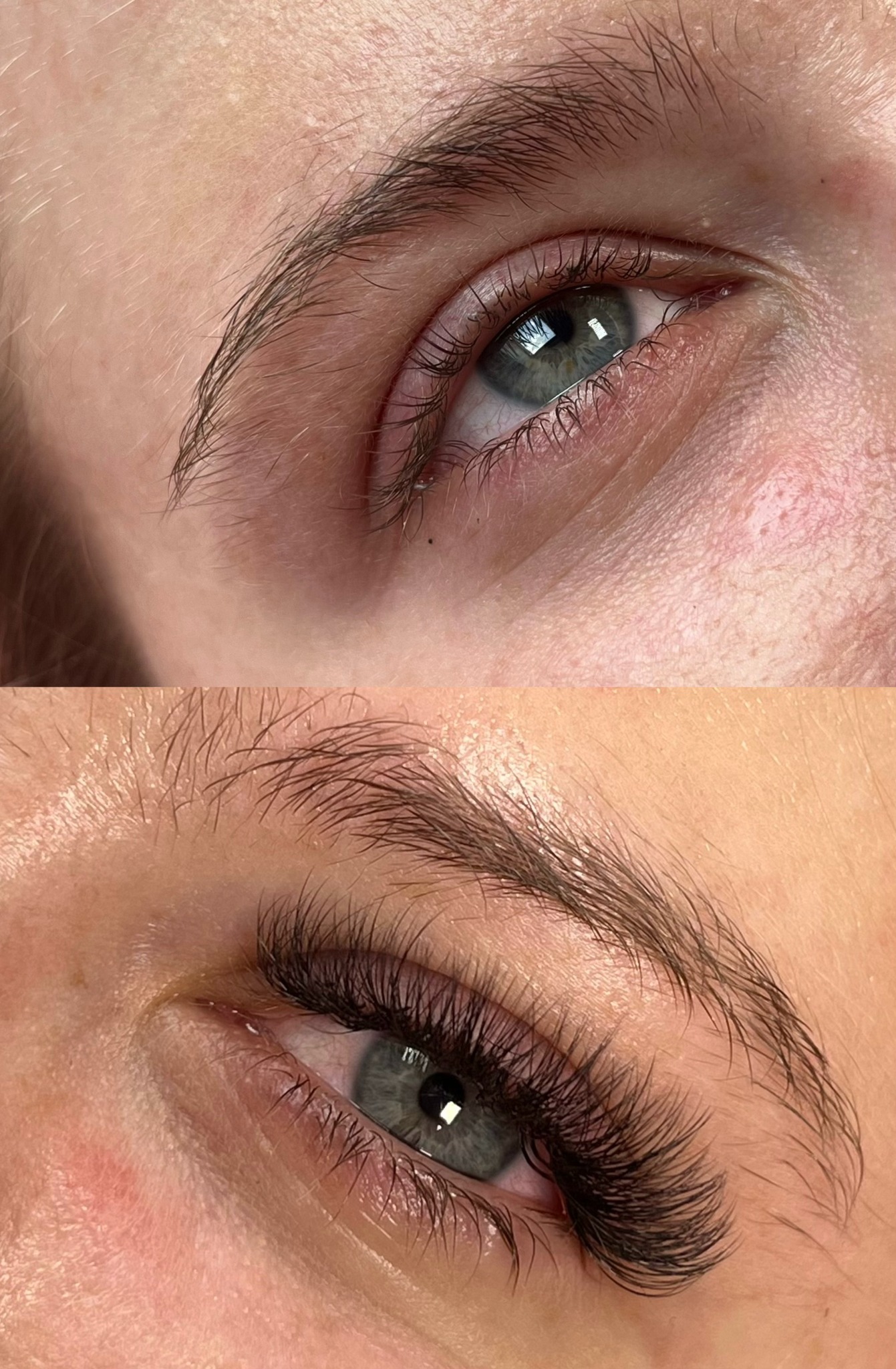 Zbliżenie na oko przed i po zabiegu przedłużania rzęs, widoczne różnice w gęstości i długości rzęs.