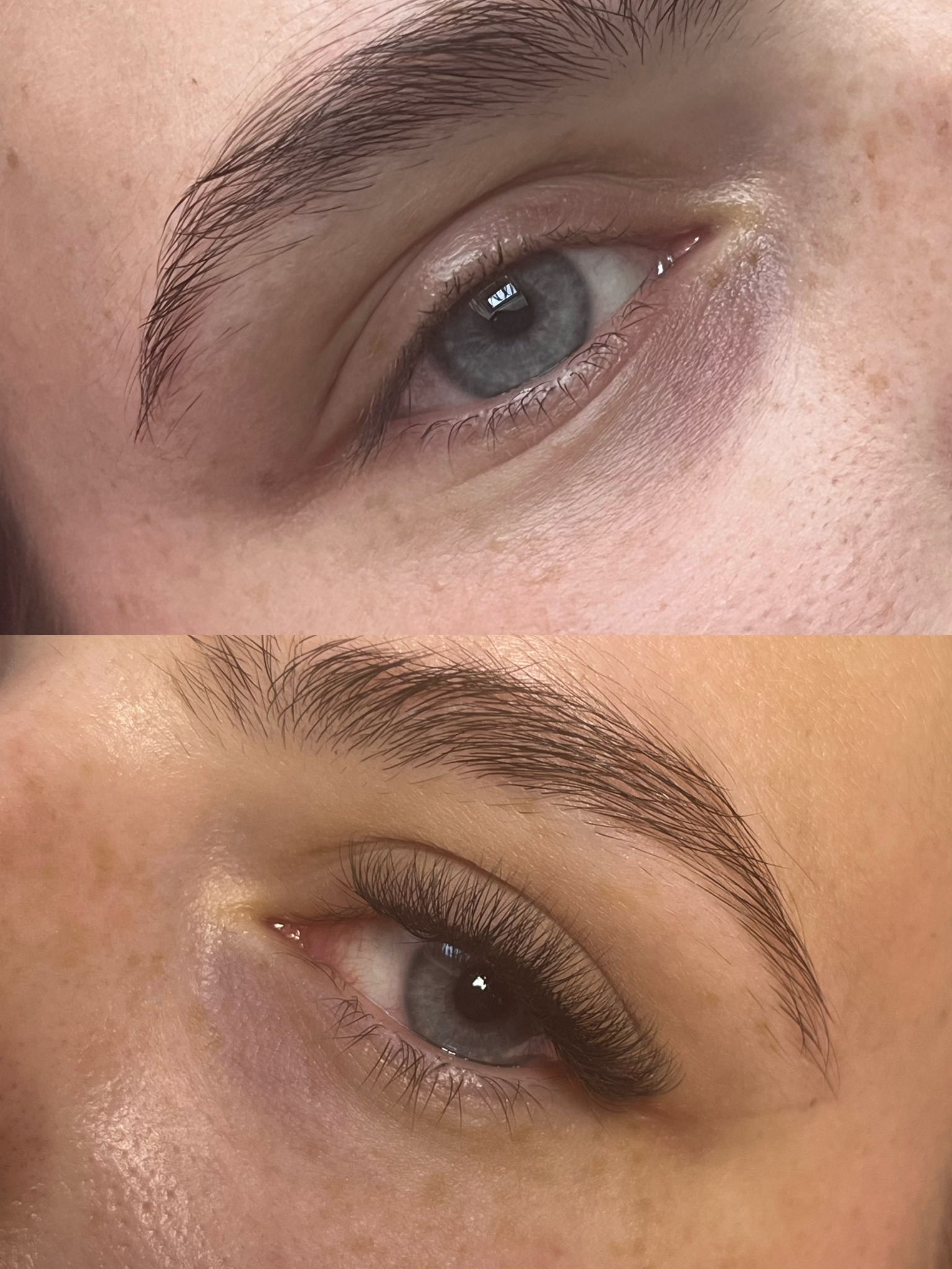 Zbliżenie na oko przed i po zabiegu przedłużania rzęs, widoczne różnice w gęstości i długości rzęs, naturalny makijaż brwi.