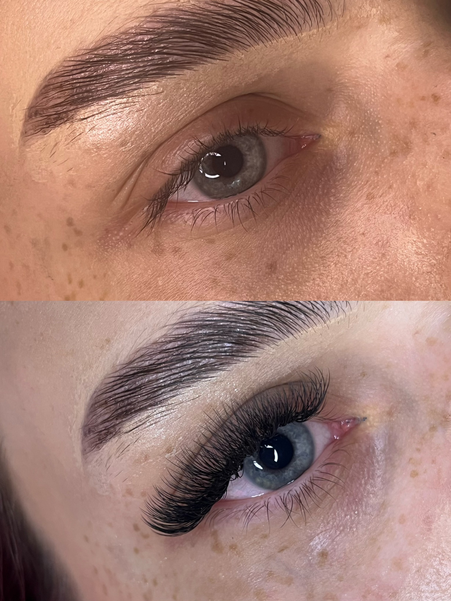 Zbliżenie na oko przed i po zabiegu: laminacja brwi i przedłużanie rzęs, widoczne różnice w kształcie brwi i gęstości rzęs, skóra z piegami.