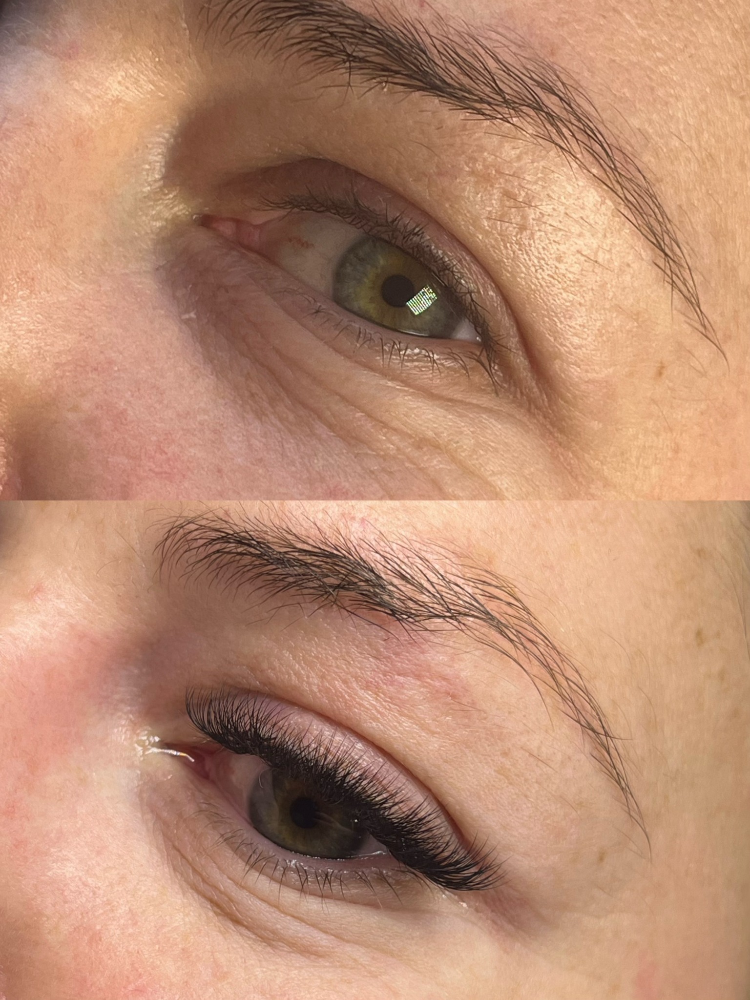 Zbliżenie na oko przed i po zabiegu przedłużania rzęs, widoczne różnice w gęstości i długości rzęs.