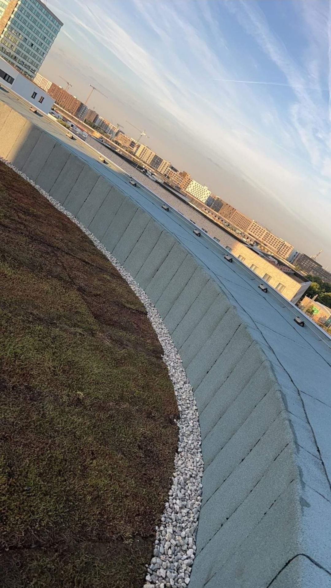 Zielony dach z roślinnością i kamienną obwódką na tle miejskiego krajobrazu z budynkami i rzeką, widoczne mocowania na powierzchni dachu.