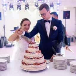 Para młoda kroi tort weselny z owocami, na tle sceny z oświetleniem, widoczny dym z suchego lodu.